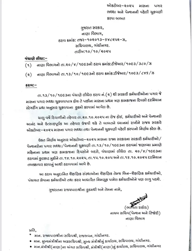 Big News: રાજ્ય સરકારના કર્મચારીઓ માટે મોટા સમાચાર, ઓક્ટોબર મહિનાનો પગાર વહેલો કરવાની જાહેરાત Early Salary October 2025 latter